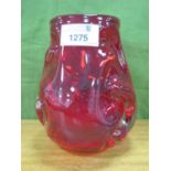 Whitefriars Ruby Red Squat Glass Vase, with wavy knobbly body, 14.5cm high.