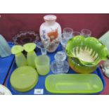 Uranium Type Frosted Glass Dressing Table Set, ruby glass bon bon dish with engraved 'Forest'