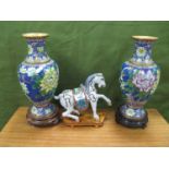 Oriental, Pair of Cloisonne ovoid body vases, multicoloured floral on blue ground 30cm high, with