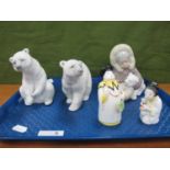 Lladro Eskimo Girl with Polar Bear, and two Lladro polar bears, Royal Worcester Nandarin and