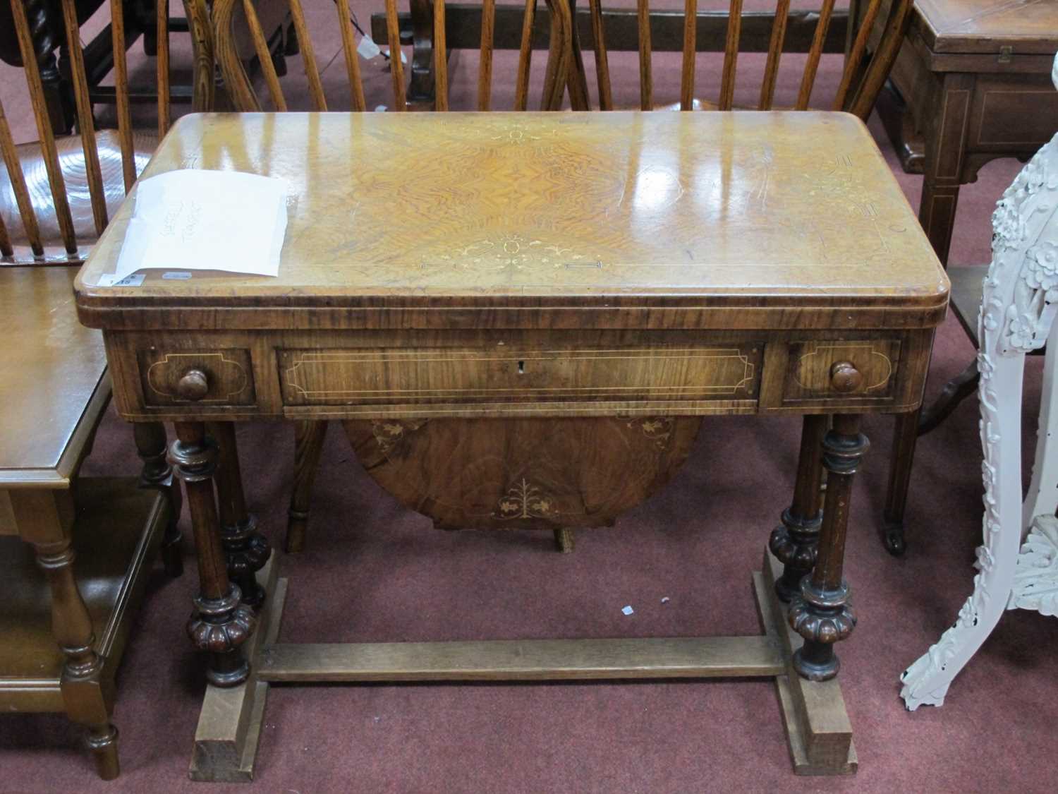 XIX Century Walnut Sewing/Card Table, with baize interior to swivel top, two small drawers