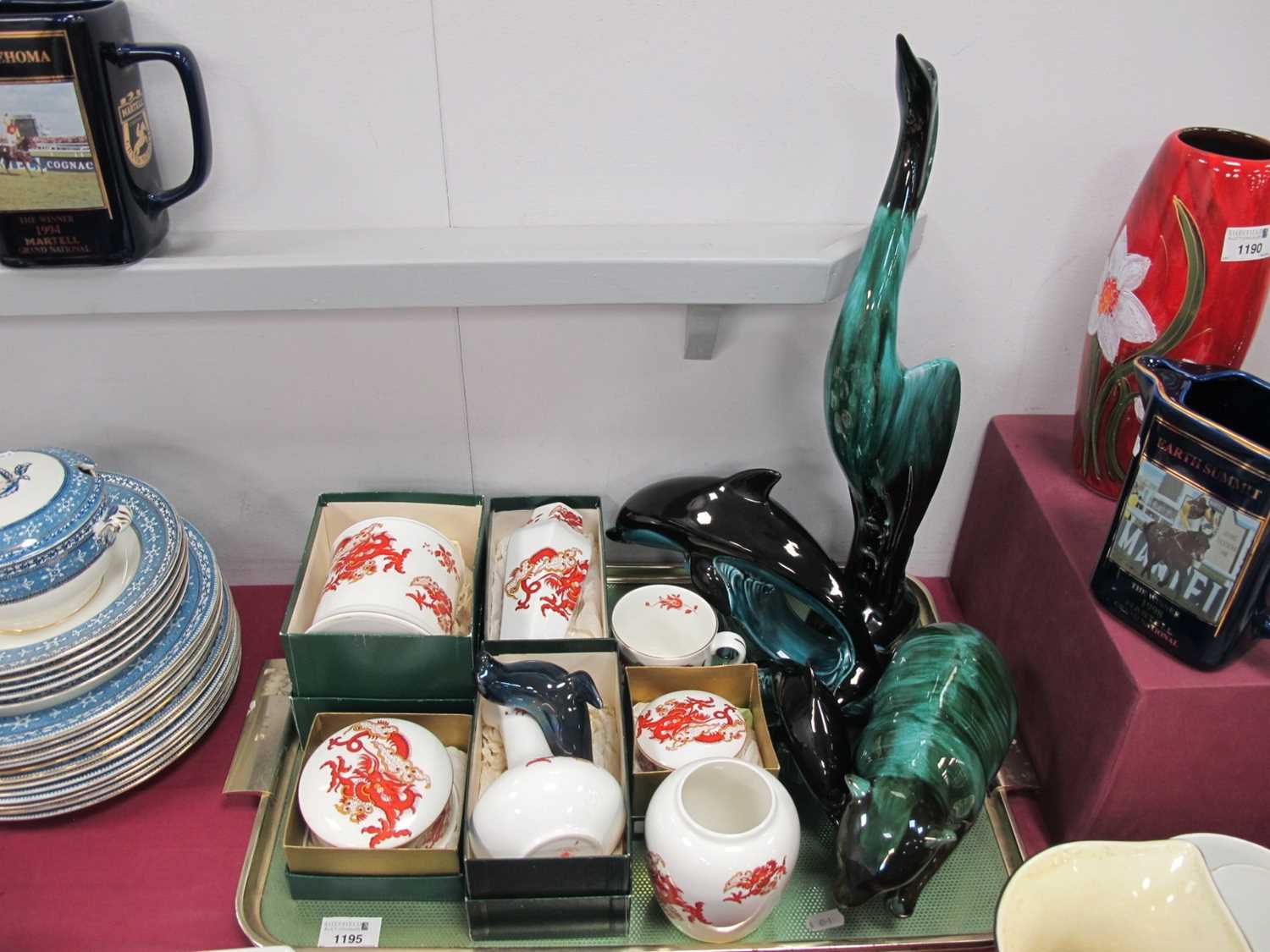 Two Poole Dolphins, Blue Mountain Style Pottery Bear and Heron and a collection of Crown