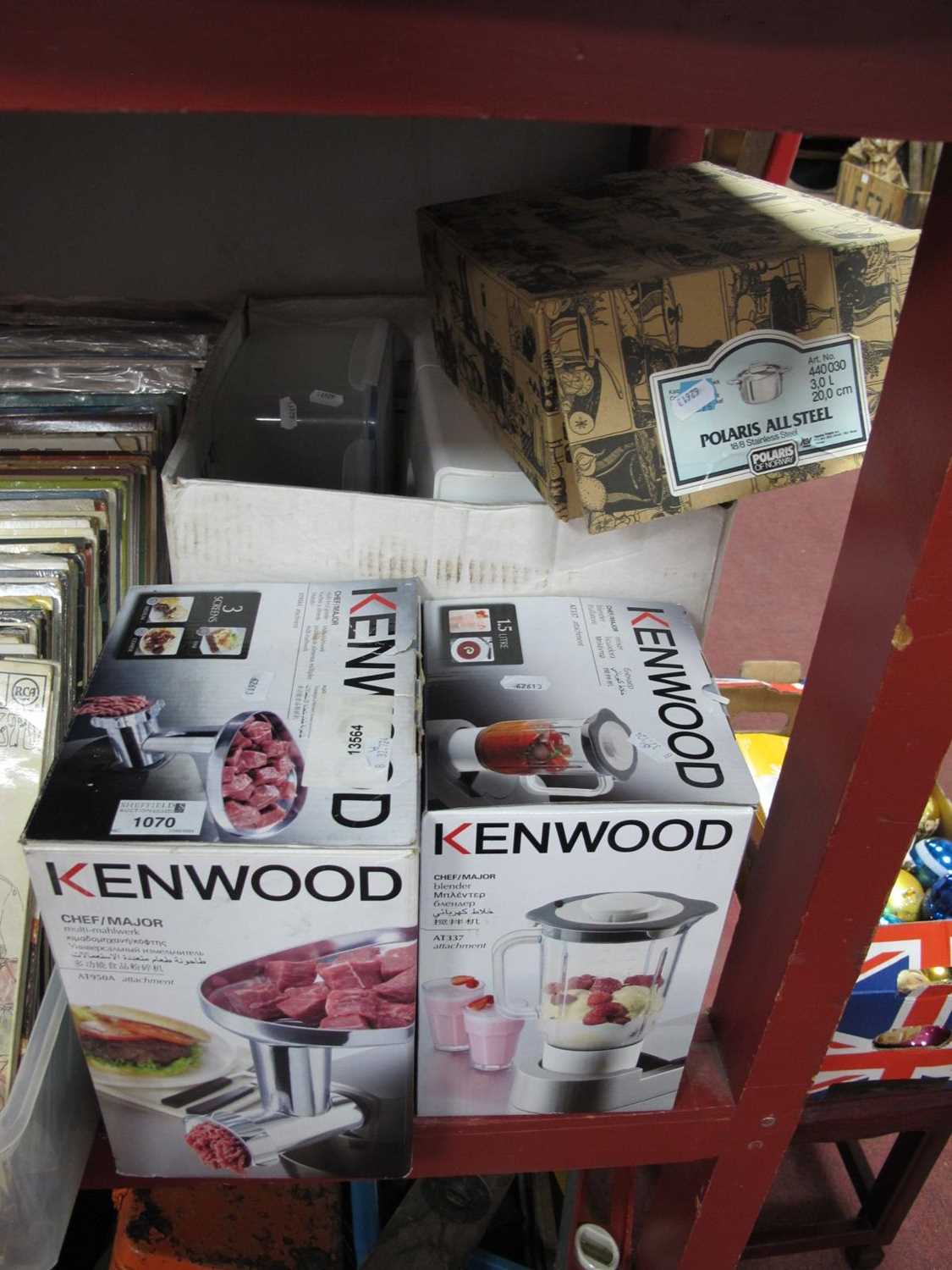 Kenwood Mixer, blender, food grinder, stainless steel pan.