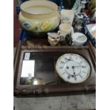 Woodford Wall Clock, Palissy jardiniere, candle snuffers, pewter measure, brass ships wheel