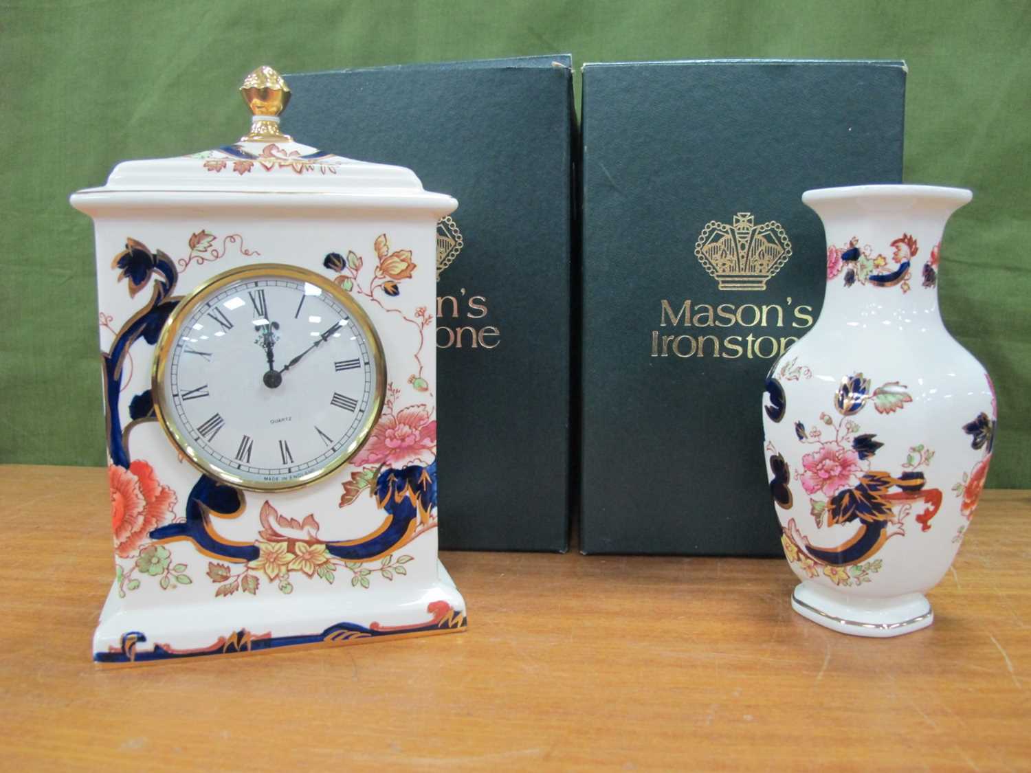 Mason's 'Mandalay' Mantle Clock, 19cm high and Vase (both boxed).