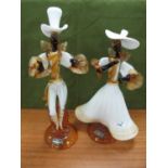 Venetian Glass Company, Lady in white dress and amber base, a matching gentleman 42cm high. (2).