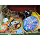 Watts Boxed Level, binoculars, cameras, wooden carved desk tidy, treen paperweights, cased vanity