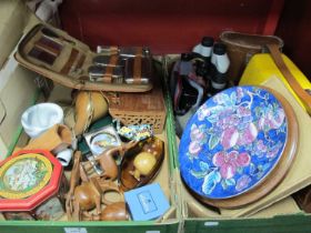 Watts Boxed Level, binoculars, cameras, wooden carved desk tidy, treen paperweights, cased vanity