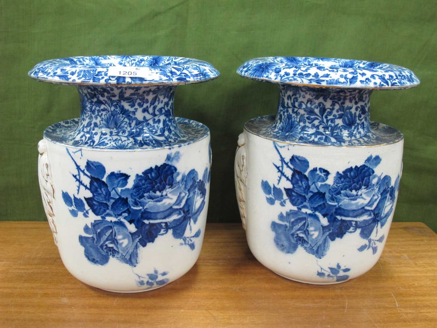 Doulton 'Gloire de Dijon' Blue and White Pottery Vases, each with flared rim, 22cm diameter.