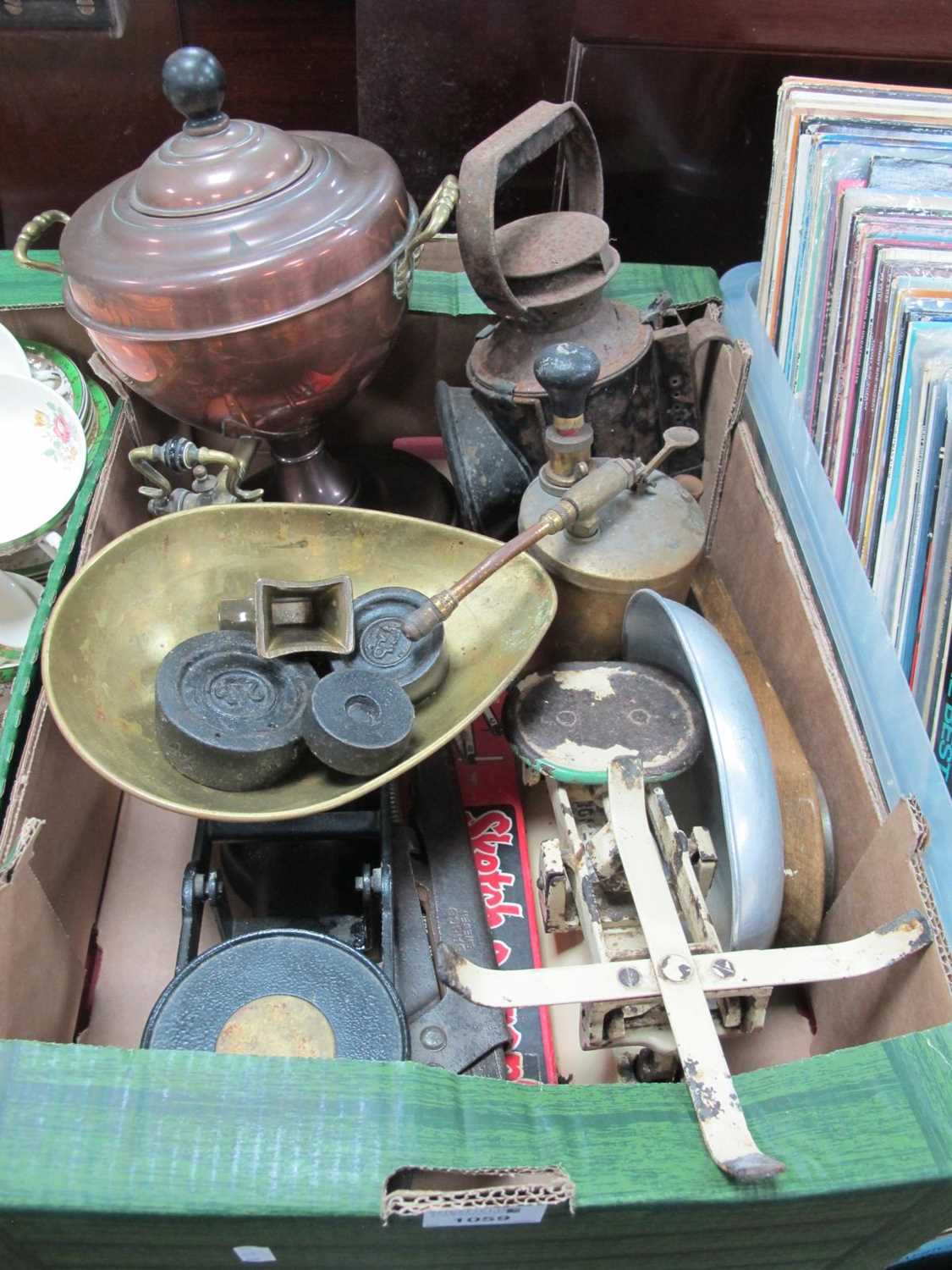 XIX Century Copper Tea Urn, scales and weights, The Master oil can, BR hand lamp, etc:- One Box.
