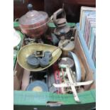 XIX Century Copper Tea Urn, scales and weights, The Master oil can, BR hand lamp, etc:- One Box.