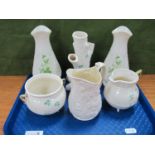 A Pair of Parian Ware Vases, Belleek cream jug and bowl, etc:- One Tray