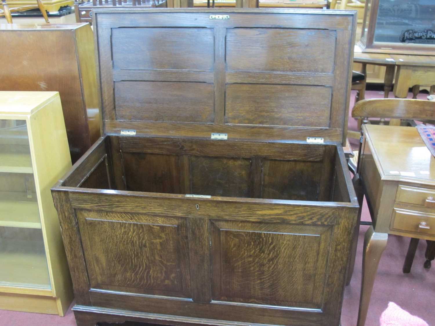 Oak Blanket Box, circa 1920s with panelled top and fascia, on castors, 100cm wide