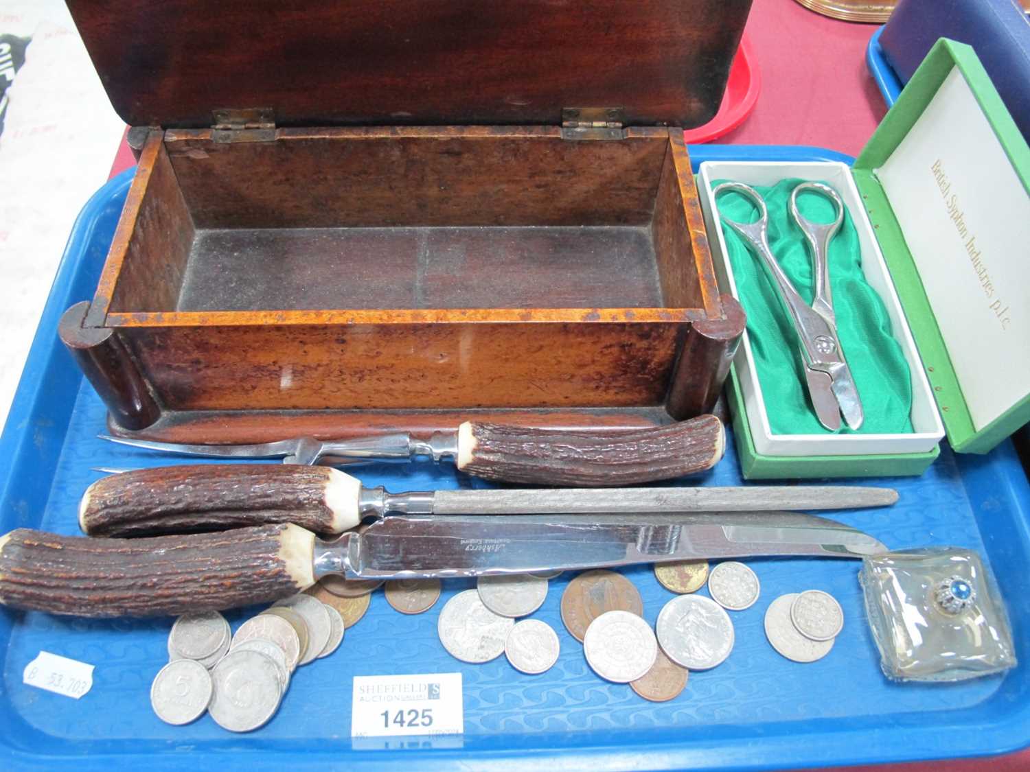 Ashberry Carving Set. XIX Century mahogany offering box, Ibberson scissors in Master Cutlers case,