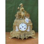 French Gilt Metal Cased Mantle Clock, with bird fancier atop, eight-day movement Hry Marc a Paris,