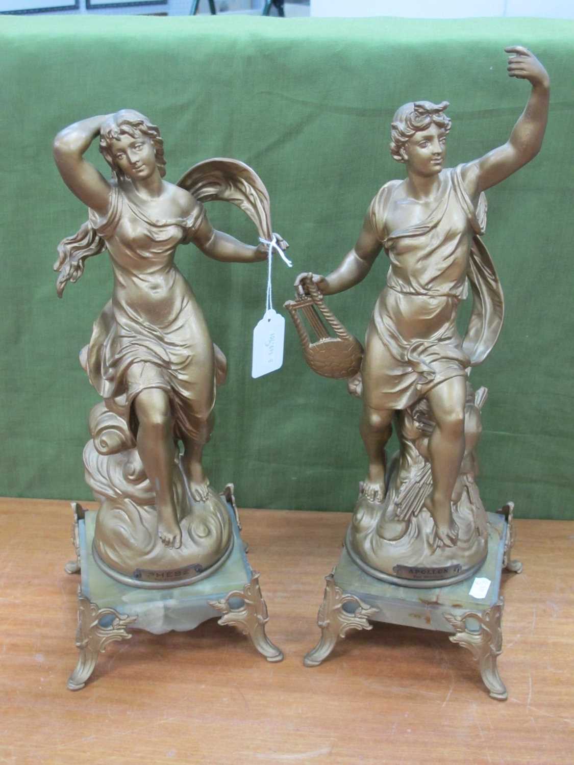 Pair of Spelter Figures, Phobe & Apollo, 46cm high, each on green onyx and gilt metal base.