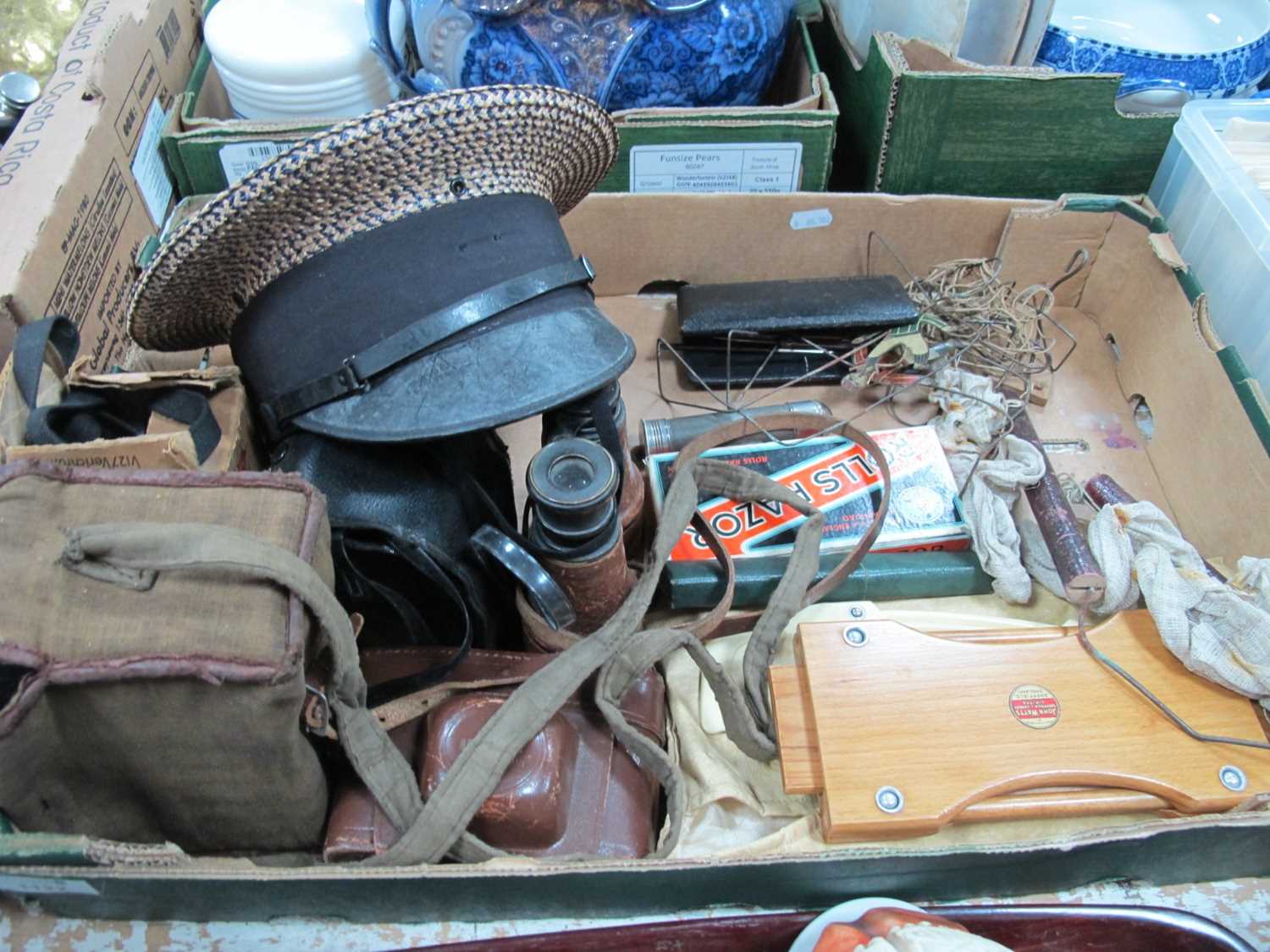 Straw Tram Conductors Hat 'Bon Ton Ivy' - possibly Glasgow, cameras, razors, tin plate blow football