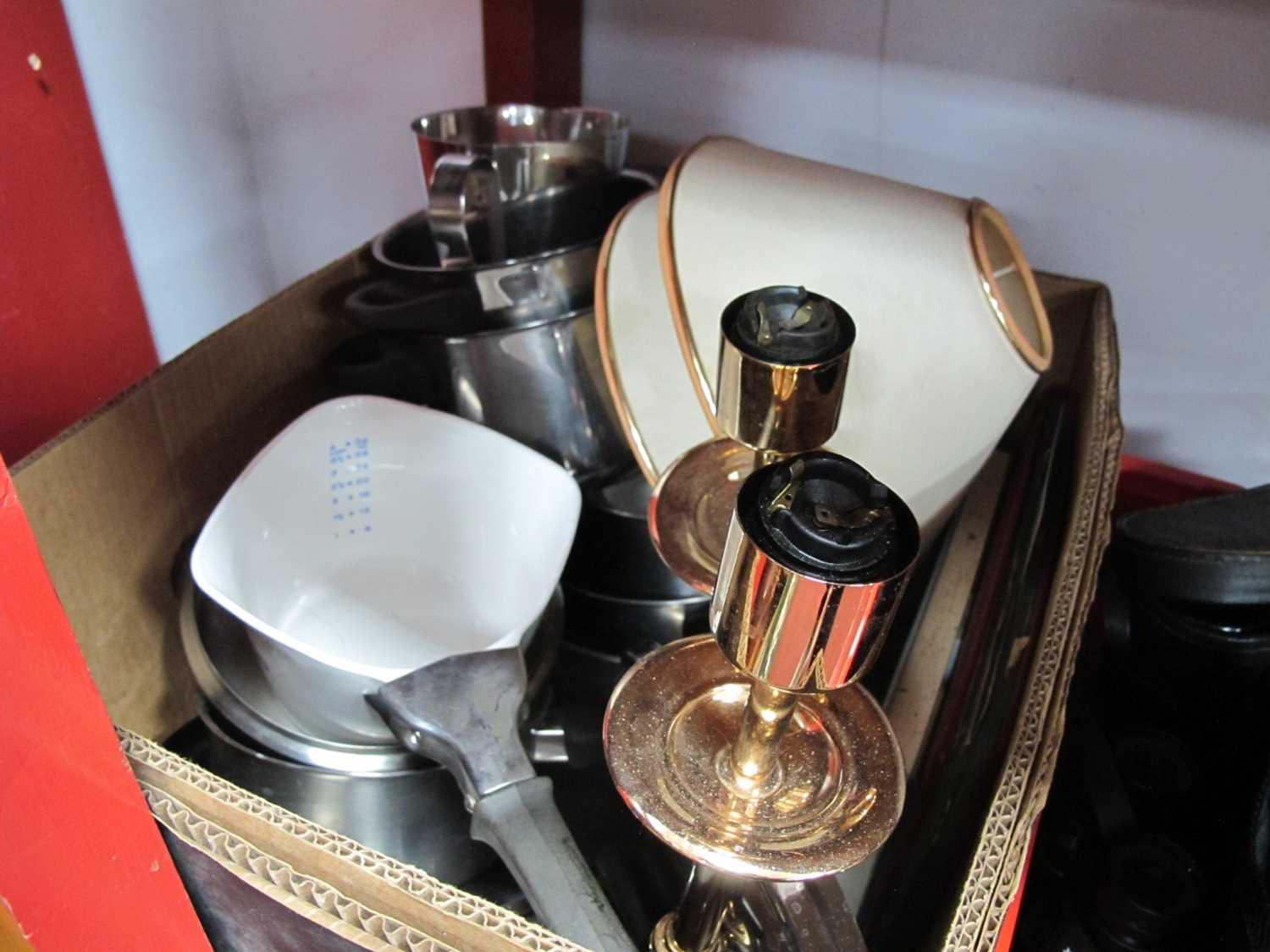 Saucepans, etc pair of table lamps, etc:- One Box.