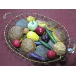 A Wire Tray Containing Approximately Twenty Two Pieces of Shop Display Faux Bakery, Fruit and