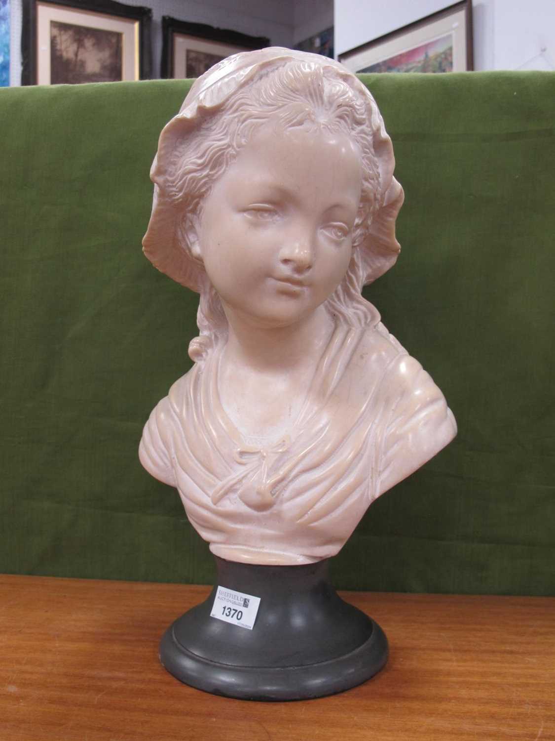 Cream Resin Bust of XIX Century Maiden Weaving Bonnet, in black mineral circular base, 41cm high.