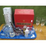 Piper & Heidsieck Champagne Flutes, duck paperweight, Langham owl, Swarovski candlesticks (one
