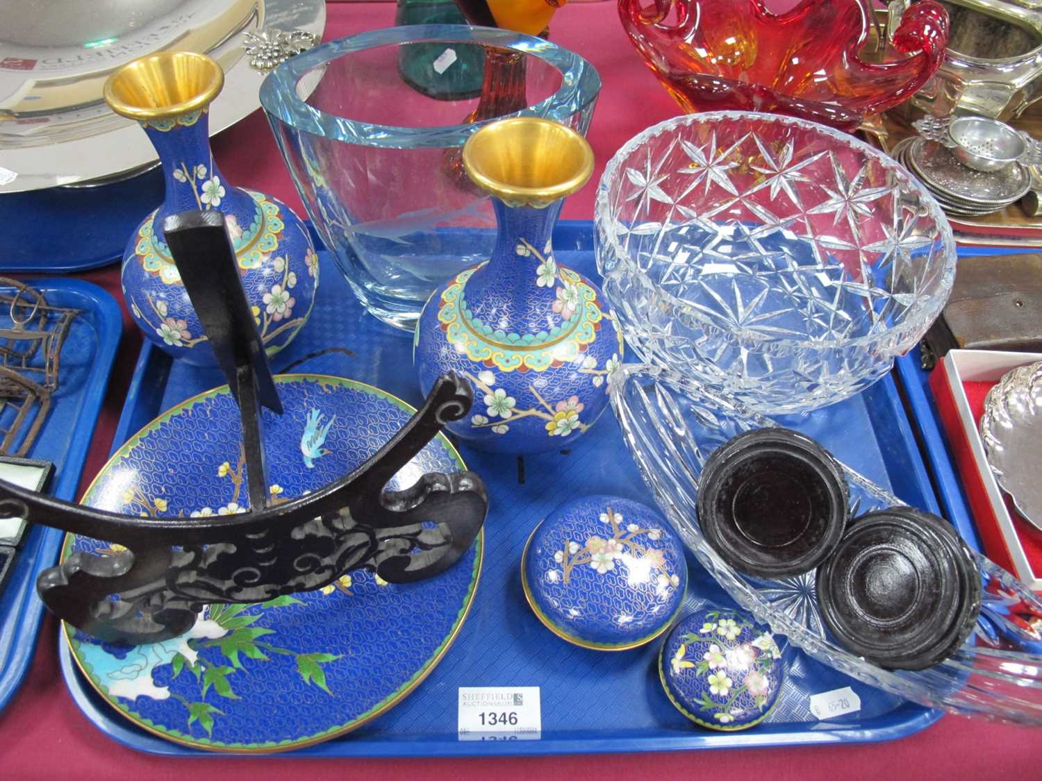 Heavy Oval Glass Vase, etched with dolphins, cut glass bowl and a collection of modern cloisonné