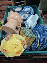 Booth's "Real Old Willow" Cups, other blue-white plates, bowls, Sylvac tea bag jar-cover, Sylvac