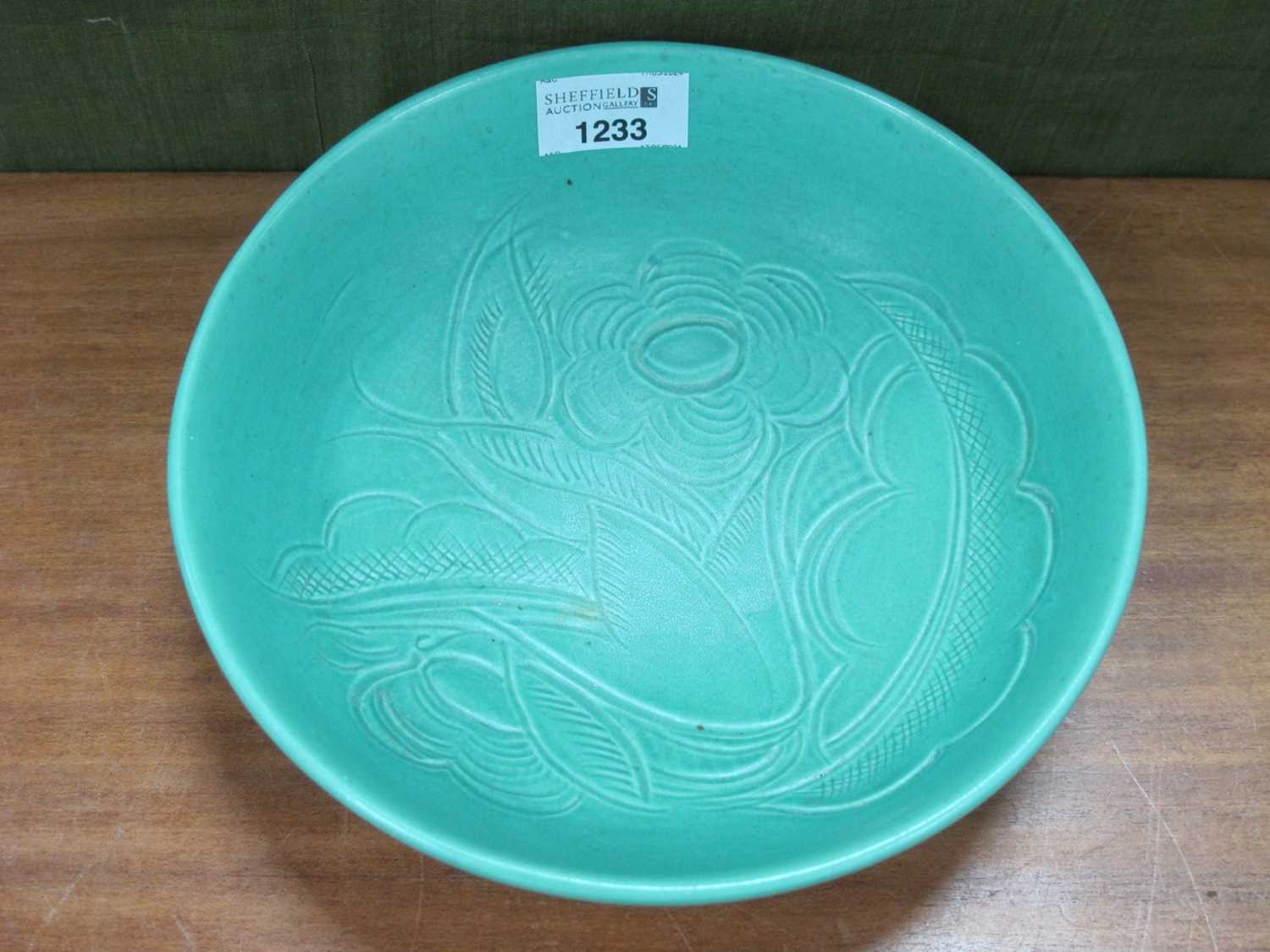 Susie Cooper 1930's Green Pottery Bowl, with incised foliate decoration, on four feet, impressed - Image 2 of 2