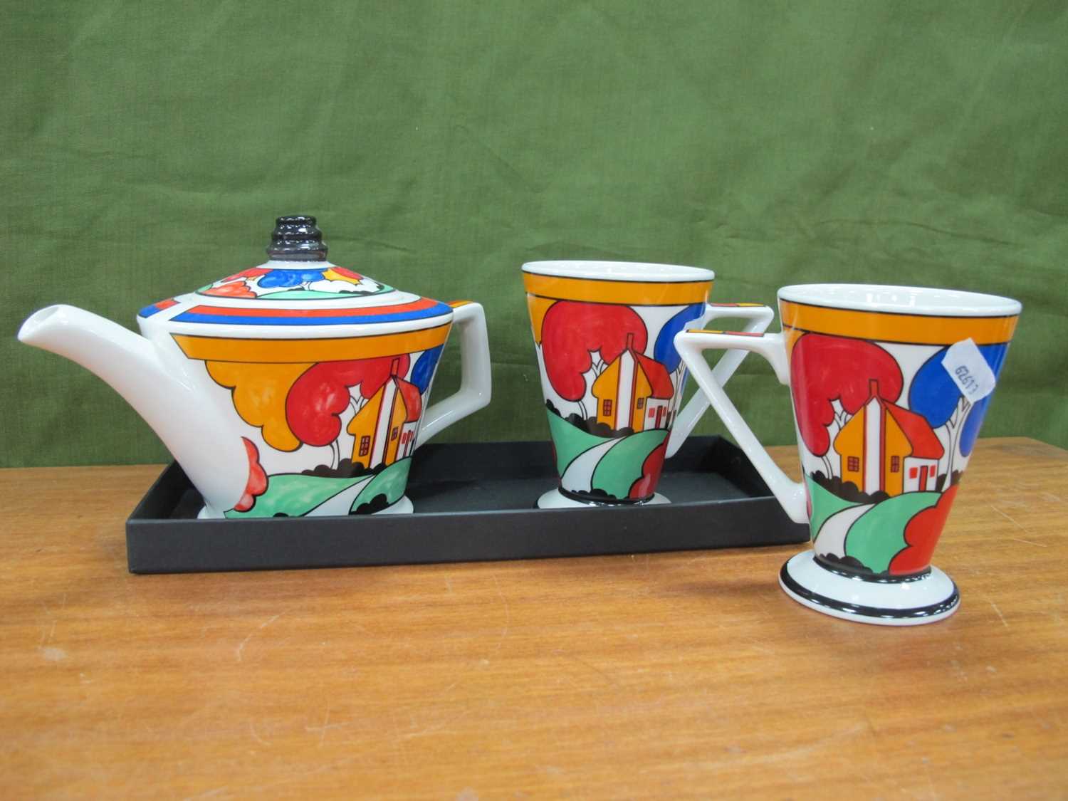 Sadler Clarice Cliff Style Teapot, and two mugs with angular handles.