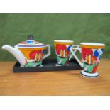 Sadler Clarice Cliff Style Teapot, and two mugs with angular handles.