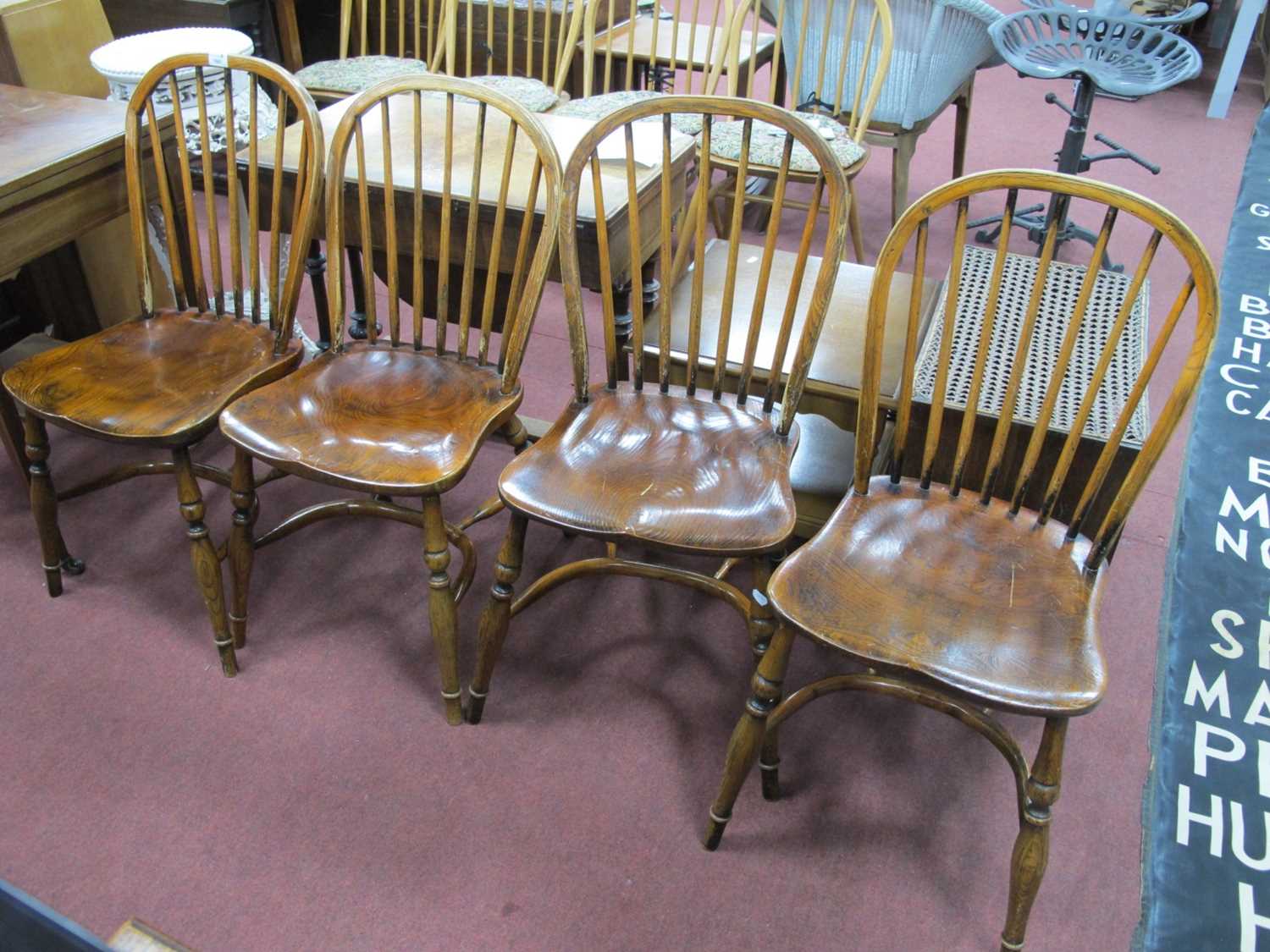 Set of four Hoop Top Farmhouse Dining Chairs, with spindle backs, crinoline stretchers and turned