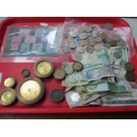 Foreign Currency, banknotes mainly Middle Eastern, brass weights, postage stamps:- One Tray