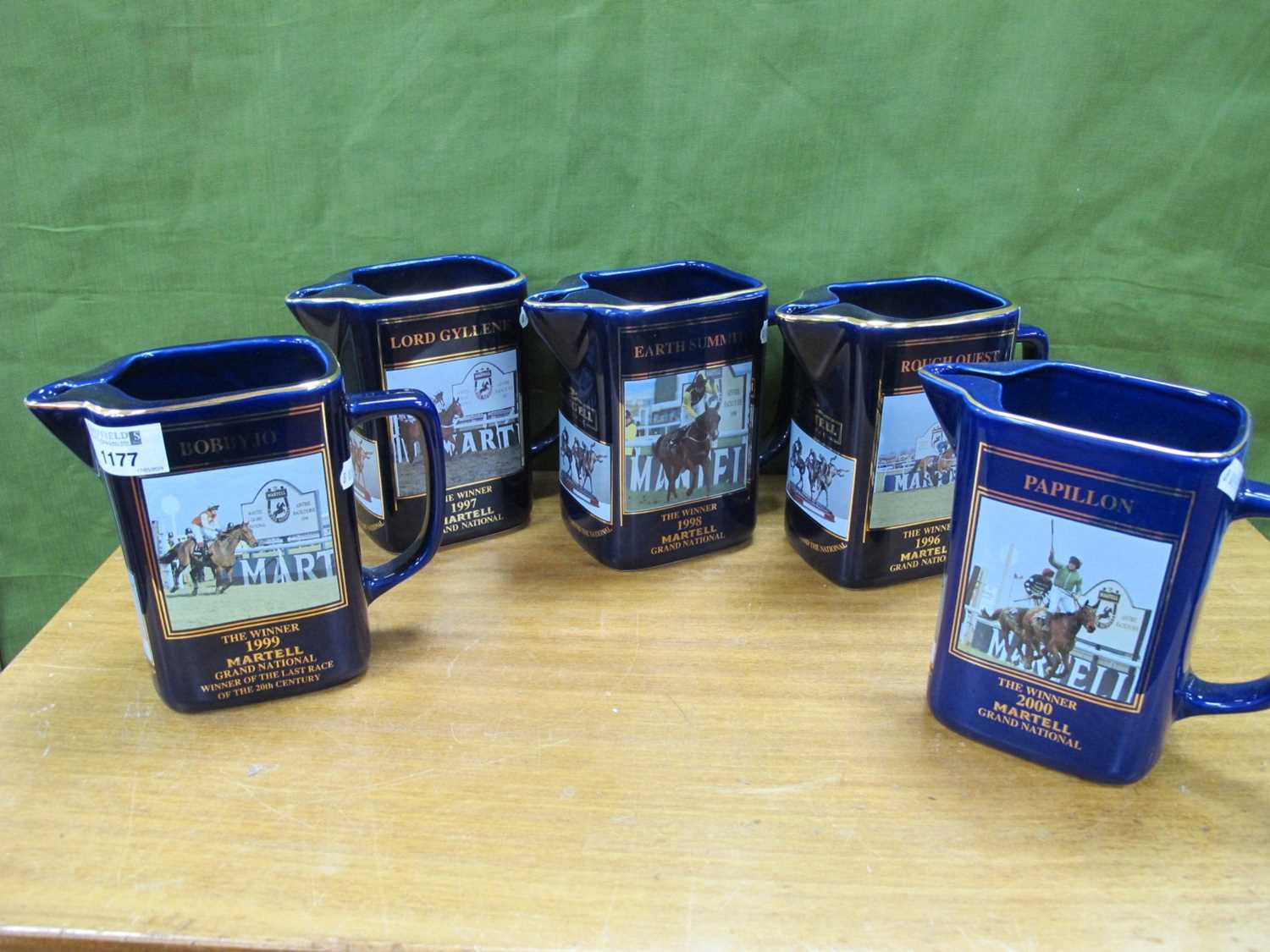 Five Limited Edition Martell Grand National Winner Jugs 1996-2000, other 1999 jug with last race