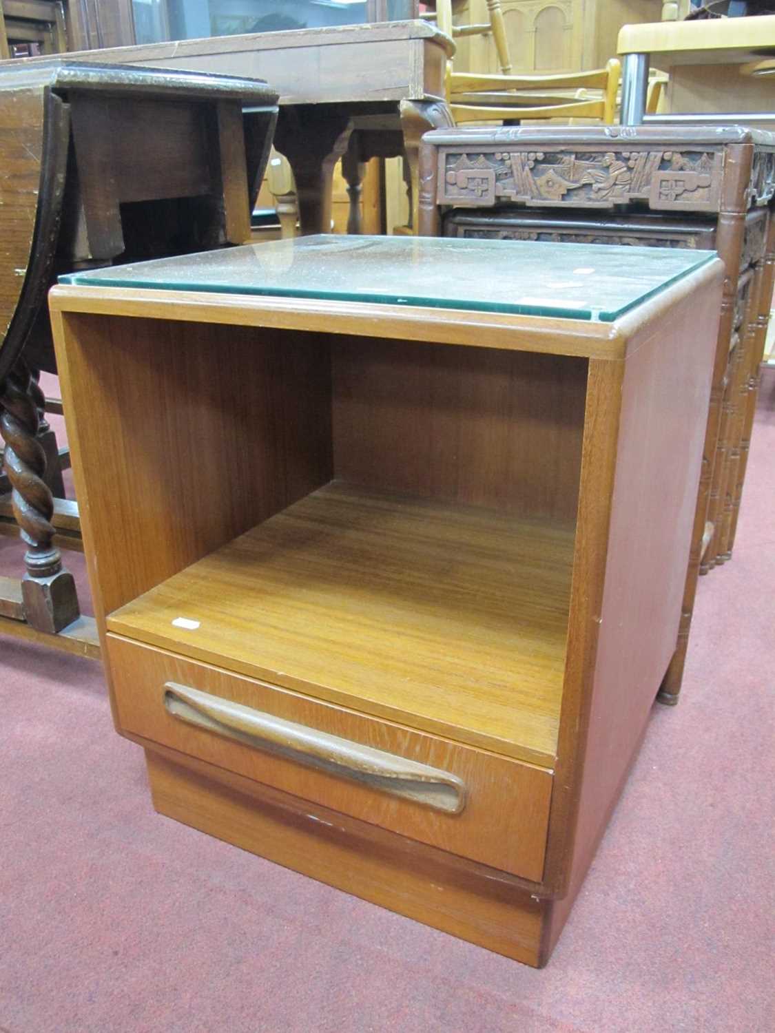 G Plan 1970s Teak Bedside Cupboard, with elongated lipped handle to lower single drawer, 45.5cm