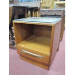 G Plan 1970s Teak Bedside Cupboard, with elongated lipped handle to lower single drawer, 45.5cm
