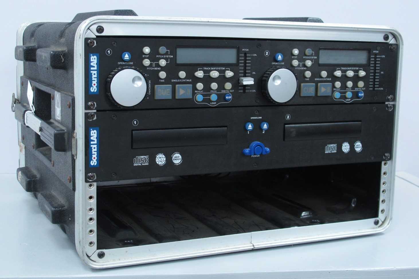 Two Mixer Units, sound lab cd deck, in a flight case (untested sold for parts only).
