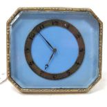 Chevron Switzerland Eight Day Ladies Dressing Table Clock, with a pale blue background brass chapter