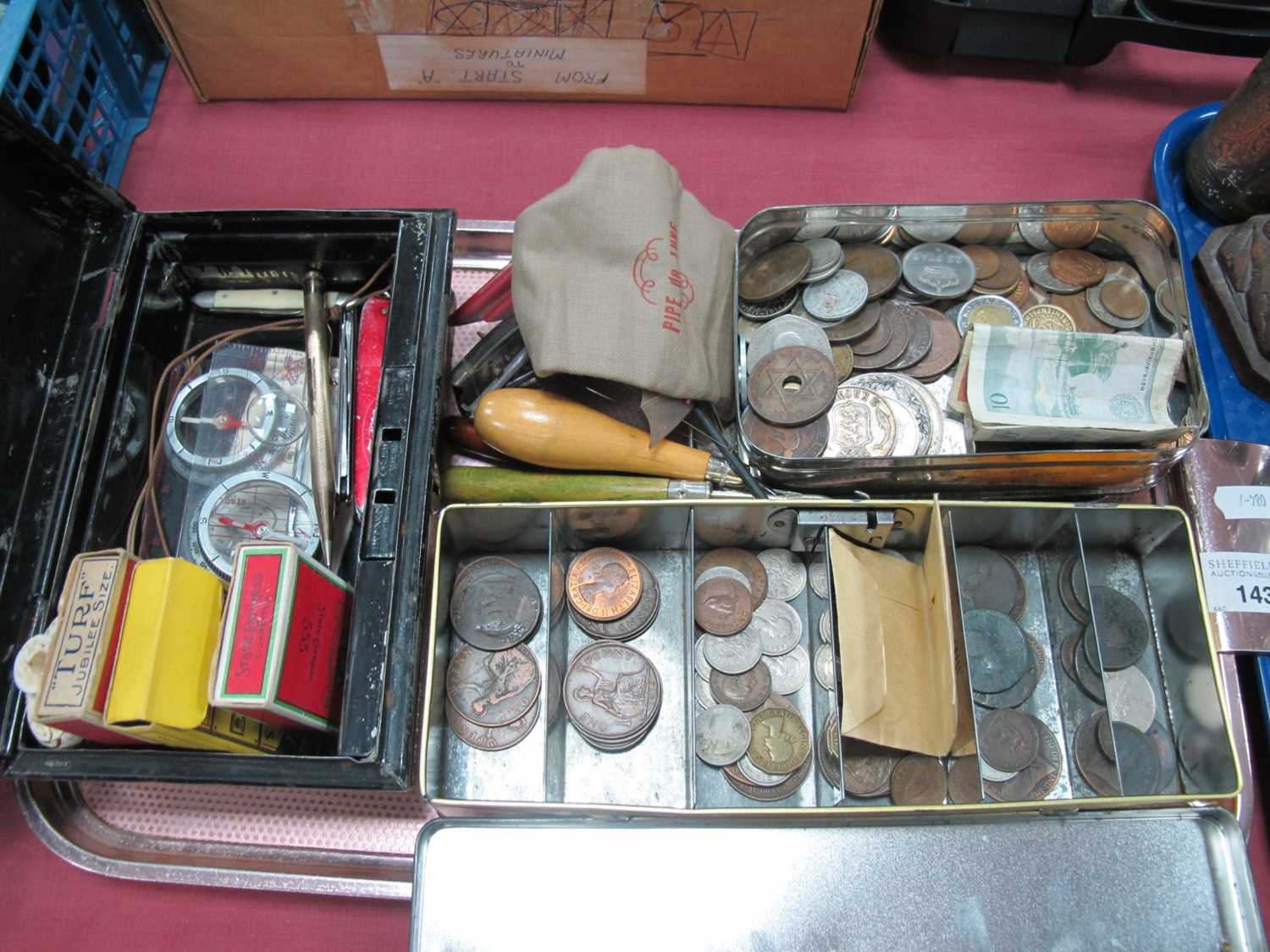 British Pre-Decimal Coinage, foreign coins, craft tools, penknives, rolled gold propelling pencil,