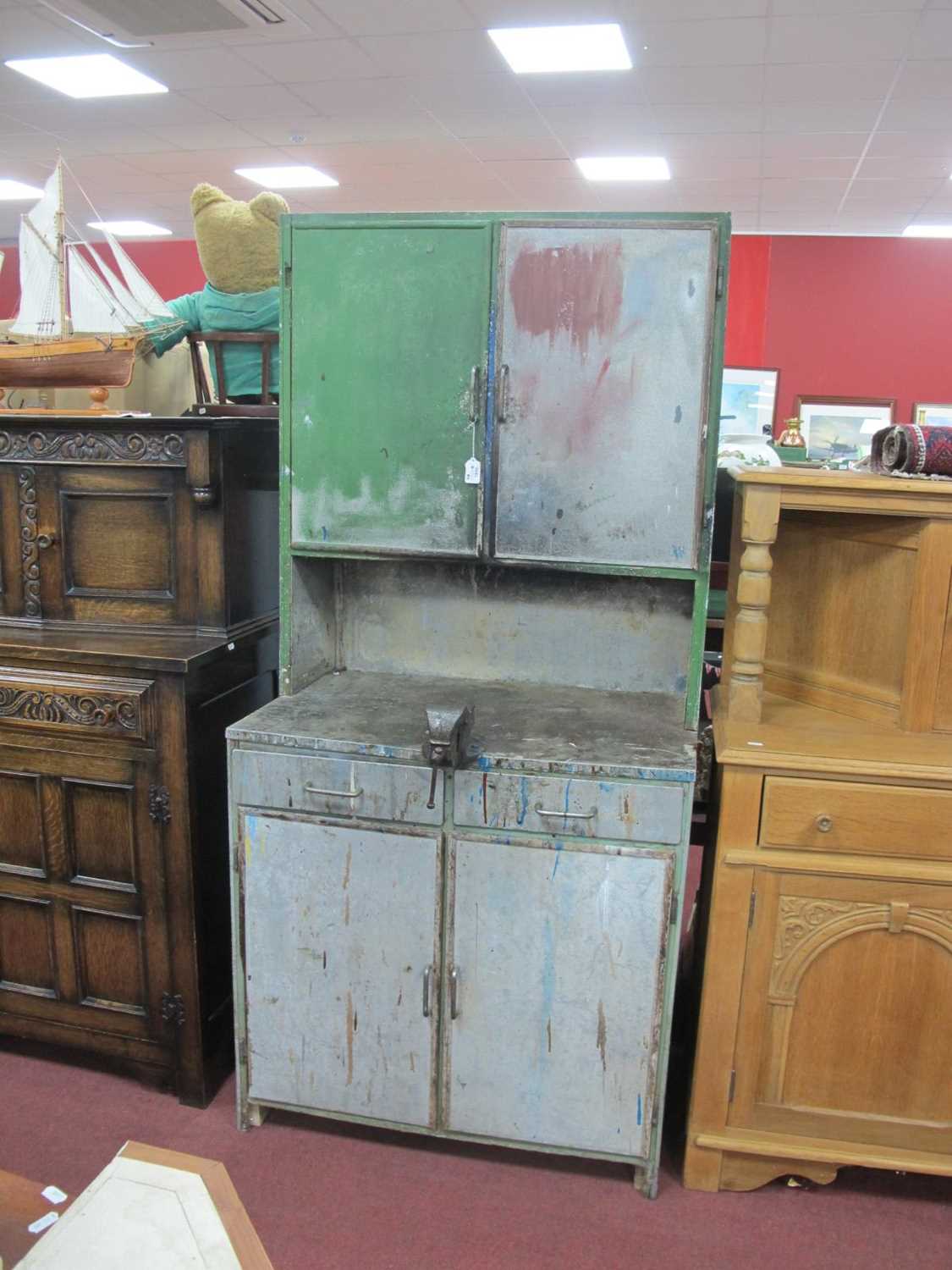 Green Painted Industrial Cabinet, top with two cupboard doors, base, with a vice, two short