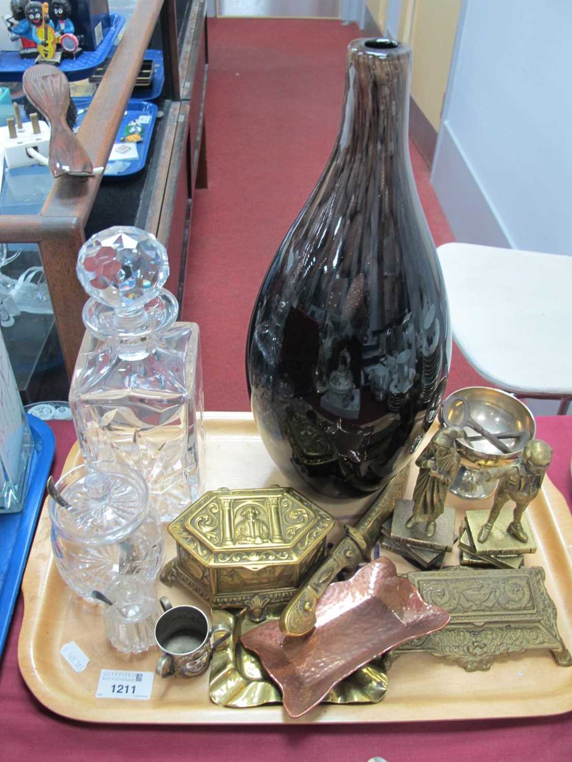 Glass Ovoid Vase, with copper inclusions, 36cm high, Whiskey decanter, Shakespeare hexagonal brass