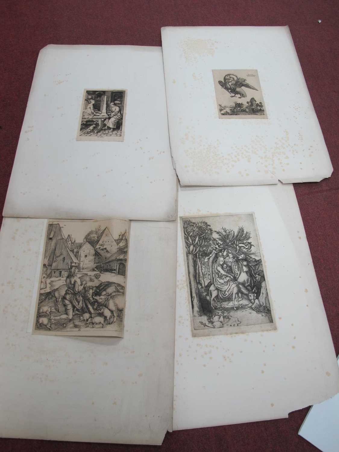 Early Engravings, to include table top harp, 15.5 x 11cm, Boars, Winged Mythological Bird and Garden