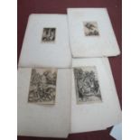 Early Engravings, to include table top harp, 15.5 x 11cm, Boars, Winged Mythological Bird and Garden