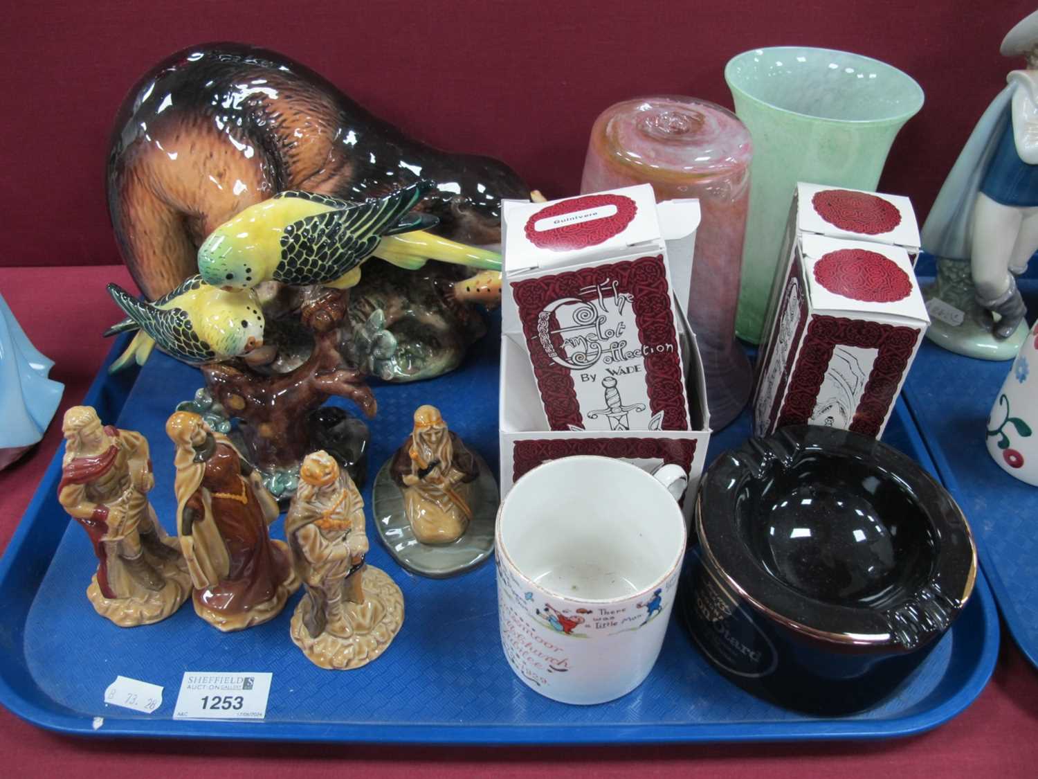 Wade Camelot Figures (x 4), Austrian Budgie group, Sylvan 3459 otter, glass vases, etc:- One Tray.