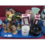 Wade Camelot Figures (x 4), Austrian Budgie group, Sylvan 3459 otter, glass vases, etc:- One Tray.