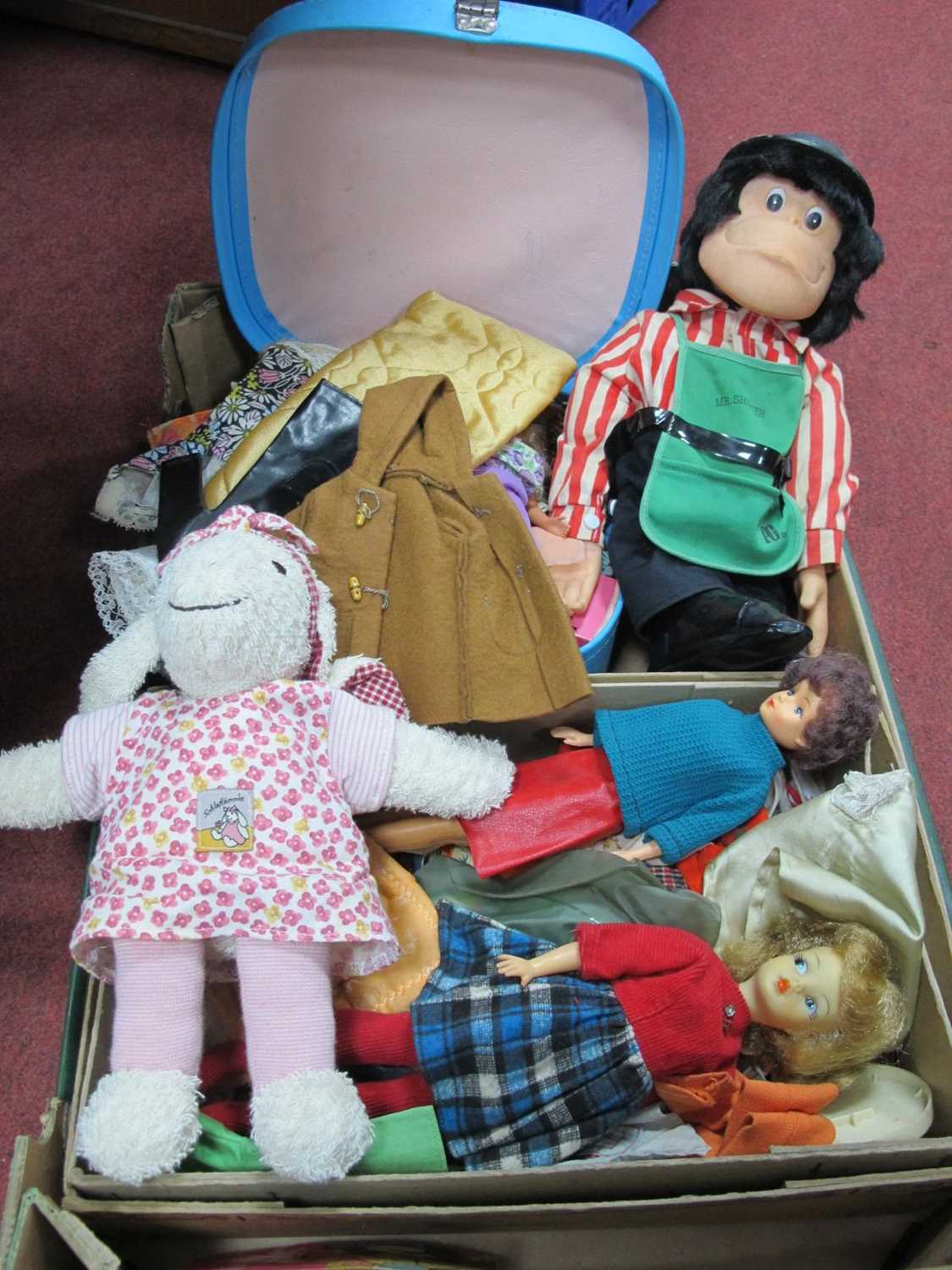 Mattel, (Barbie) Dolls, Sindy labelled clothing, Mr Shifter monkey etc:- One Box.