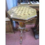Mid XIX Century Walnut Games and Sewing Table, with a chess board top, fitted interior, tapering