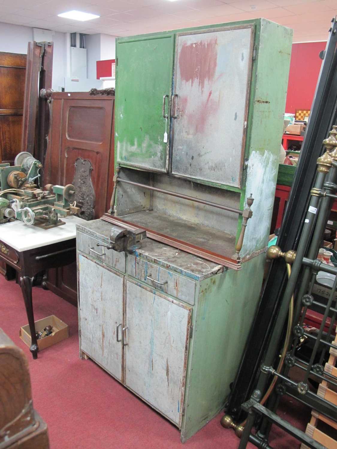 Green Painted Industrial Cabinet, top with two cupboard doors, base, with a vice, two short - Image 2 of 2