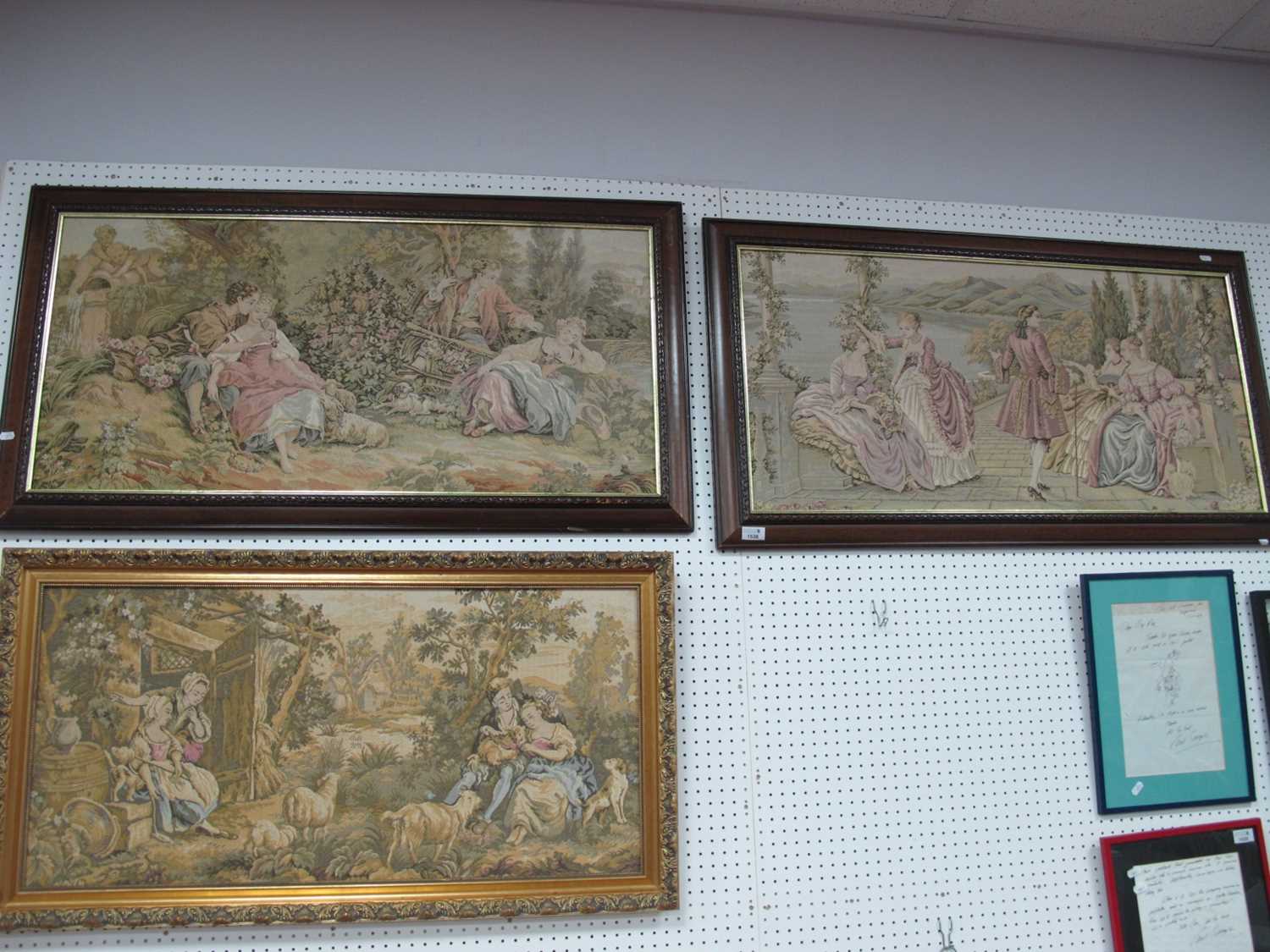 Three Mid to Late XX Century Pictoral Fabric Wall Hangings, featuring Regency figures, the widest - Image 2 of 2