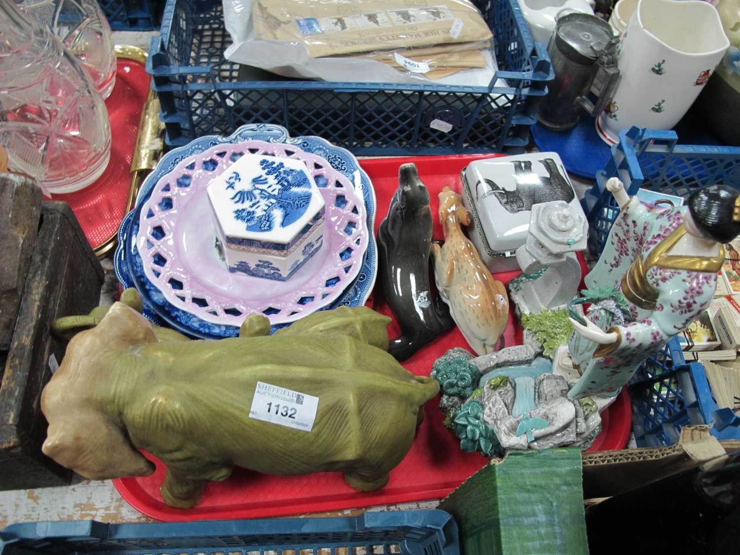 Royal Dux Style Elephants, XIX Century blue and white plates, USSR figures of a seal and a deer,