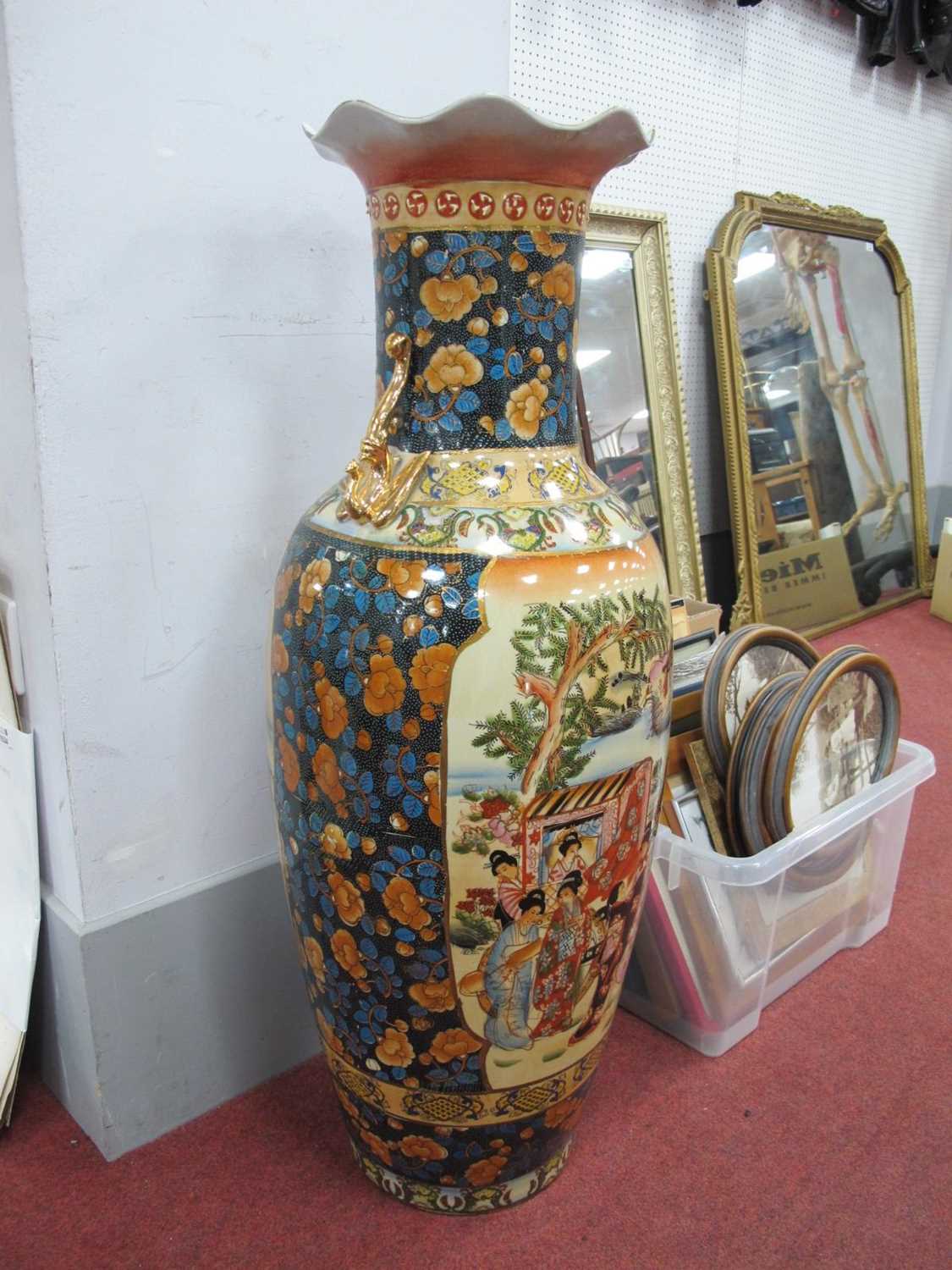 Large Chinese Floor Standing Vase, decorated with figures and foliage. 90cm high, some rub to gilt